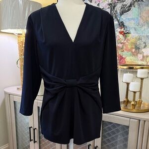 Elegant Navy V-Neck Blouse with Bow Detail